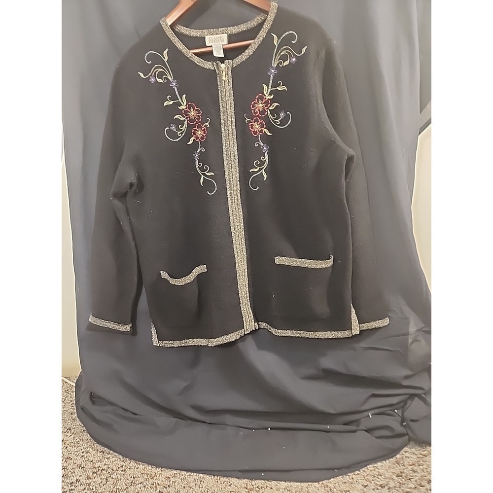 Women Classic Elements Black Full Zip Cardigan Sweater Jacket Large  100% Wool